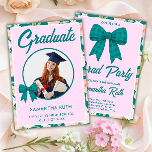 Wildflower Teal Gingham Bow Photo Graduation Invitation
