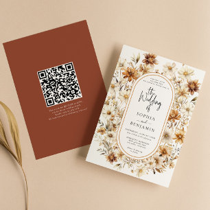Wildflower Terracotta Floral Boho Wedding QR Code Invitation