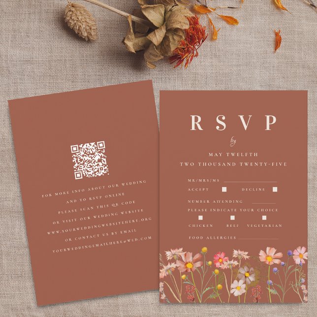 Wildflower Terracotta Meal Options QR Code Wedding RSVP Card (Wildflower boho fall floral terracotta rust qr code Wedding RSVP card Autumn garden meadow flowers)