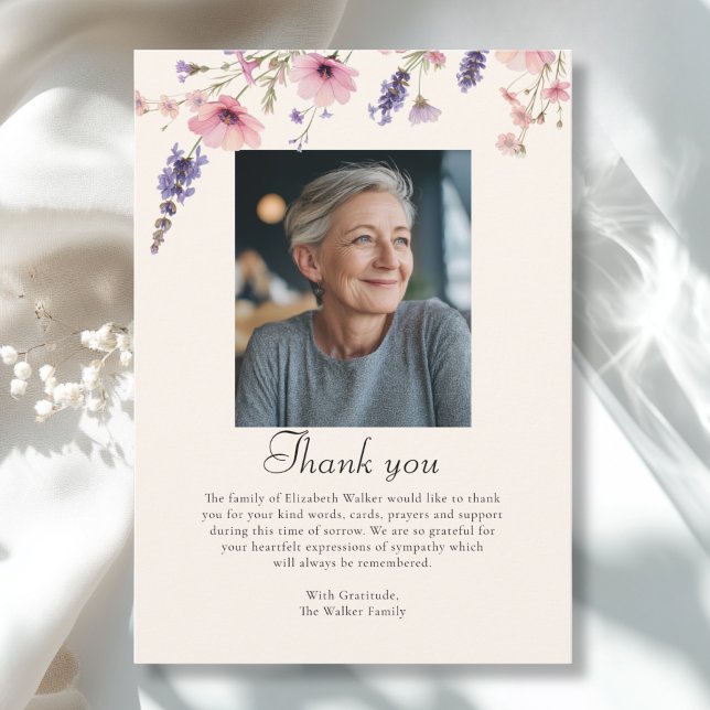 Wildflower THANK YOU Memorial Funeral Photo Card (Wildflower THANK YOU Memorial Beige Purple Funeral Photo Card)