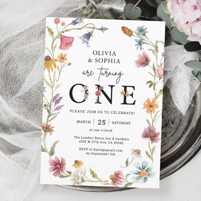 Wildflower Theme 1st Twins Birthday Party Invitation (Creator Uploaded)