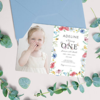 Wildflower Theme Girl 1st Birthday Photo  Invitation