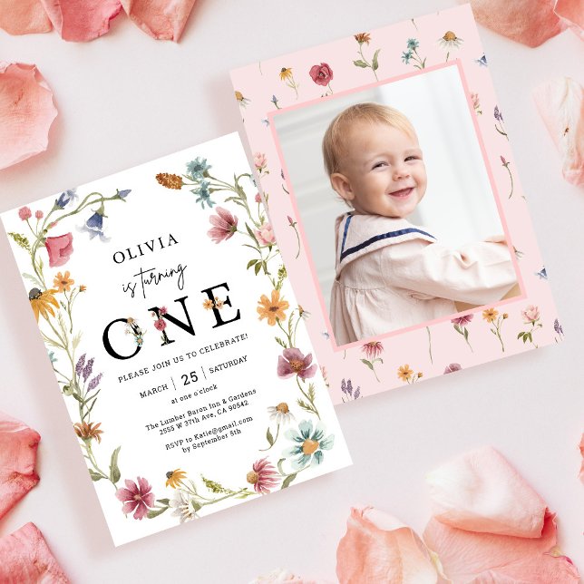 Wildflower Theme Girl 1st Birthday Photo Invitation (Creator Uploaded)