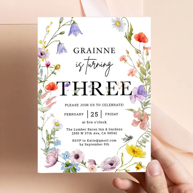 Wildflower Theme Girl 3rd Birthday Invitation (Creator Uploaded)