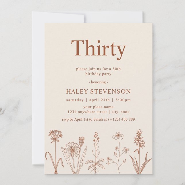 Wildflower Thirty Beige Terracotta 30th Birthday Invitation (Front)