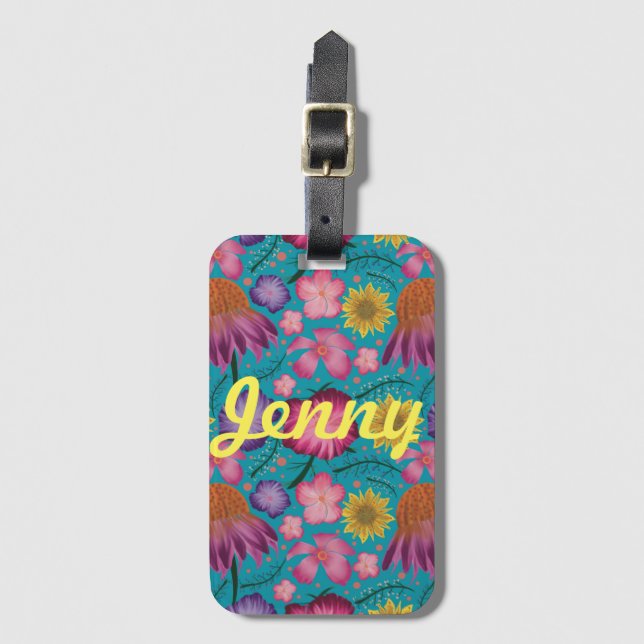 Wildflower Turquoise Floral Personalised Luggage Tag (Front Vertical)