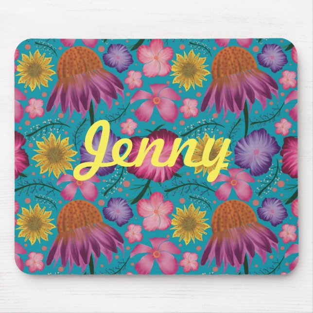 Wildflower Turquoise Floral Personalised  Mouse Pad (Front)