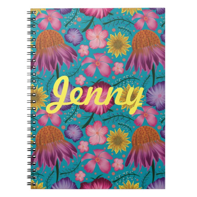 Wildflower Turquoise Floral Personalised  Notebook (Front)
