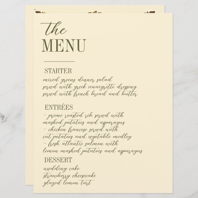 Wildflower Victorian Ornate Border Wedding Menu (Front/Back)