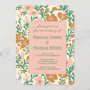 Wildflower Vines Pink Green Custom QR Code WEDDING Invitation
