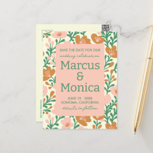 Wildflower Vines Pink Green Custom Save the Date  Postcard