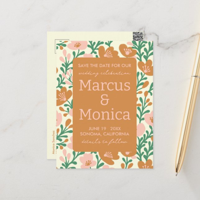 Wildflower Vines Pink Green Custom Save the Date  Postcard (Front/Back In Situ)