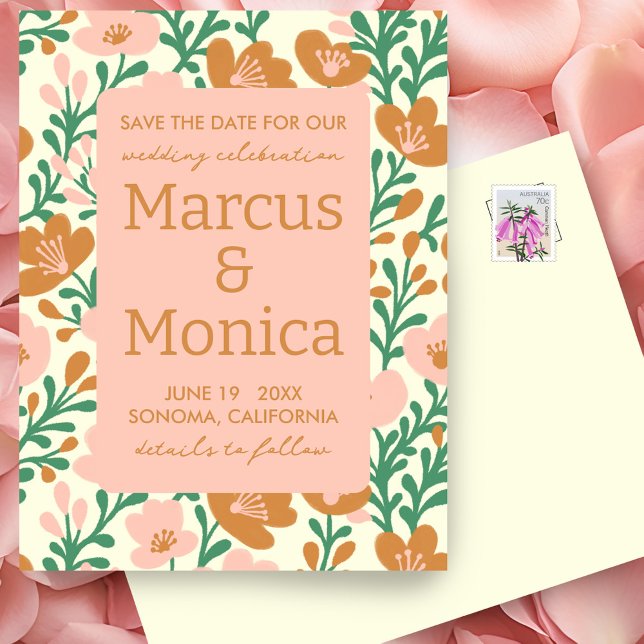 Wildflower Vines Pink Green Custom Save the Date  Postcard (Wildflower Vines Pink Green Custom Save the Date Postcard
)