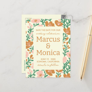 Wildflower Vines Pink Green Custom Save the Date  Postcard