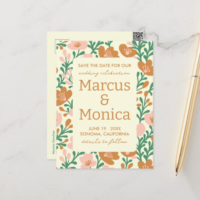 Wildflower Vines Pink Green Custom Save the Date  Postcard (Front/Back In Situ)