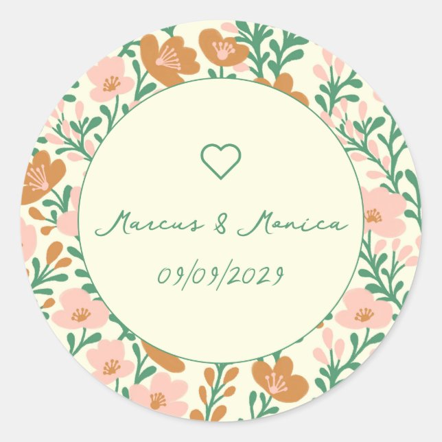 Wildflower Vines Pink Green Elegant Wedding Custom Classic Round Sticker (Front)