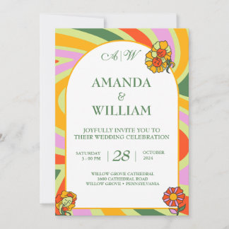 Wildflower vintage Floral Rainbow Retro Wedding Invitation