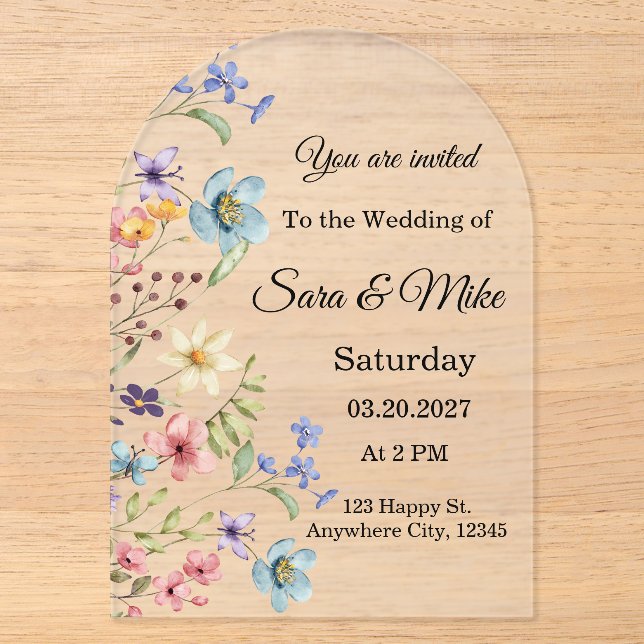 Wildflower Watercolor Acrylic Wedding Invitation (Front)