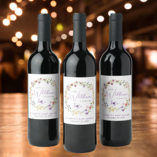 Wildflower Watercolor Baby Girl Shower Wine Label