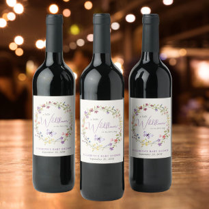 Wildflower Watercolor Baby Girl Shower Wine Label