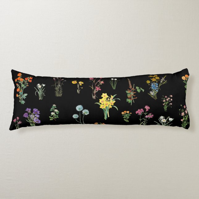 Wildflower Watercolor Black Botanical Floral Body Cushion (Front)