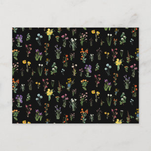 Wildflower Watercolor Black Botanical Floral Holiday Postcard