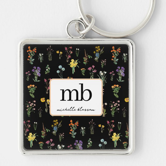 Wildflower Watercolor Black Botanical Floral Key Ring (Front)
