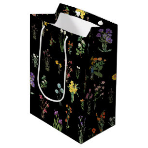 Wildflower Watercolor Black Botanical Floral Medium Gift Bag
