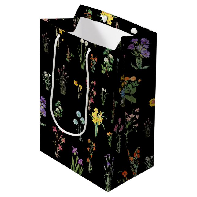 Wildflower Watercolor Black Botanical Floral Medium Gift Bag (Front Angled)