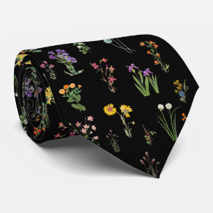 Wildflower Watercolor Black Botanical Floral Tie