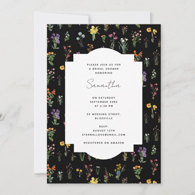 Wildflower Watercolor Black Floral Bridal Shower Invitation (Front)
