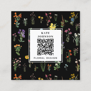 Wildflower Watercolor Black Floral Designer Boho Square Business Card