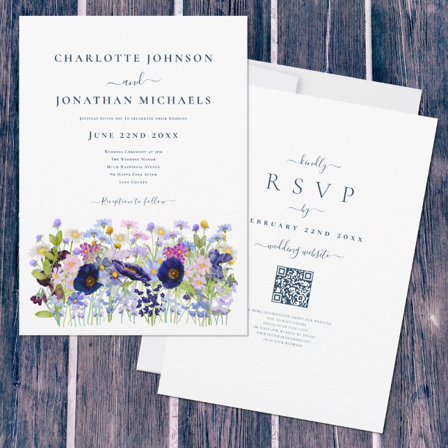 Wildflower Watercolor Blue QR Code Wedding Invitation (Blue wildflowers meadow watercolor wedding invitation with elegant typography script QR code rsvp)