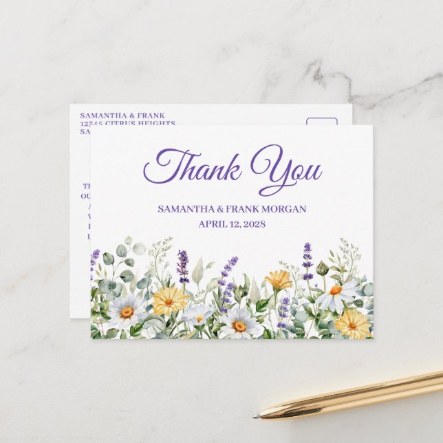 Wildflower Watercolor Border Wedding Thank You Postcard (Front/Back In Situ)