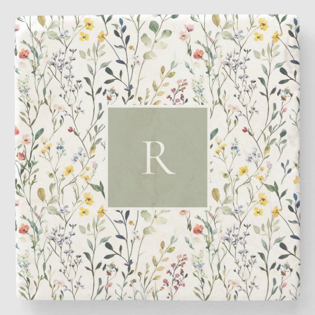 Wildflower Watercolor Botanical Monogram  Stone Coaster (Front)