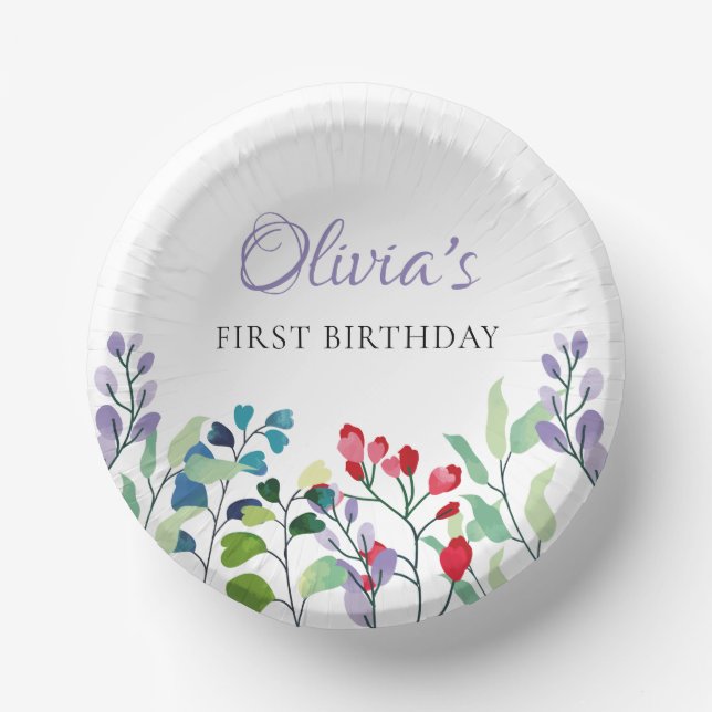 Wildflower Watercolor Floral 1st birthday Paper Plate (Front)