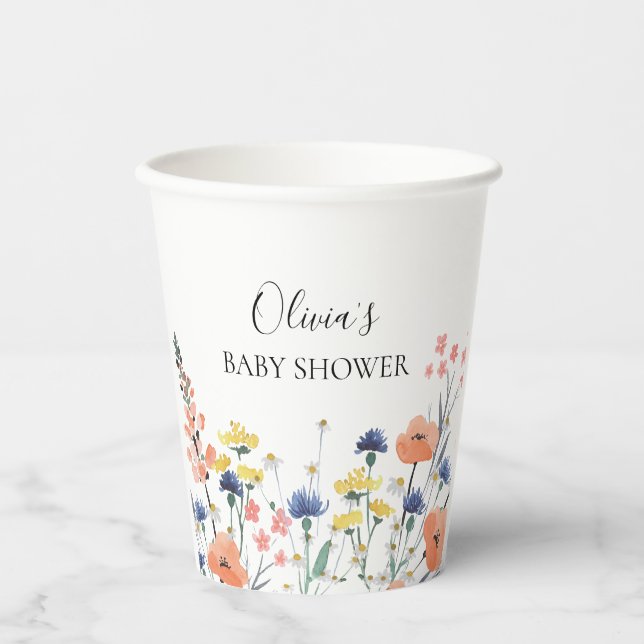 Wildflower watercolor floral baby shower paper cups (Front)