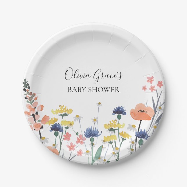 Wildflower watercolor floral baby shower paper plate (Front)