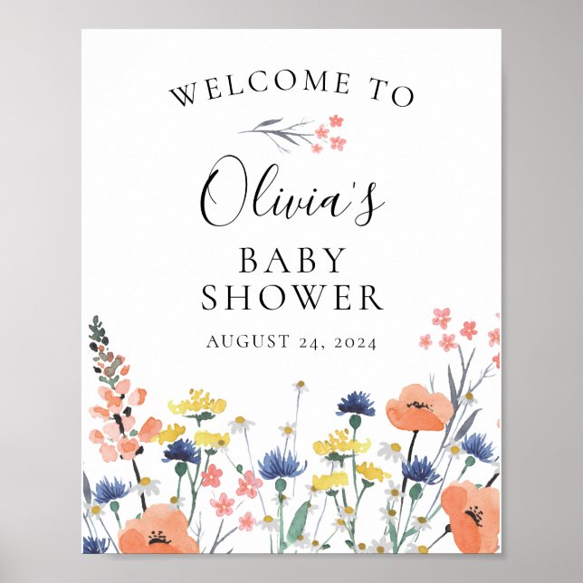 Wildflower watercolor floral baby shower Welcome Poster (Front)