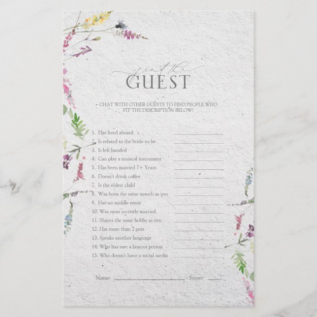 Wildflower Watercolor Floral Bridal Shower Game (Front)