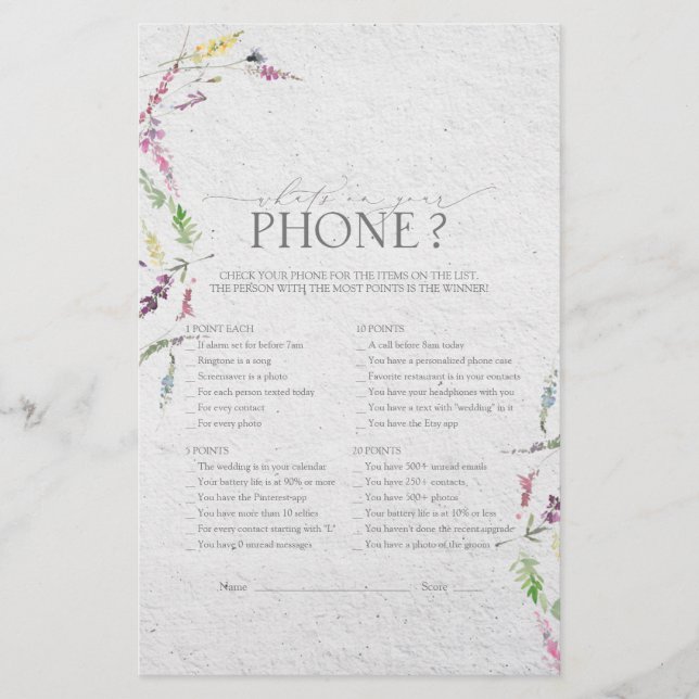 Wildflower Watercolor Floral Bridal Shower Game (Front)