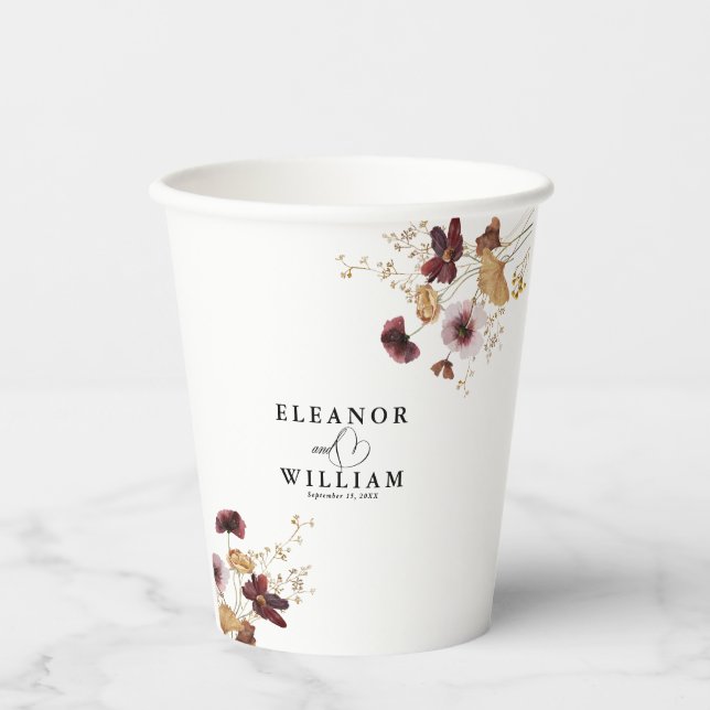 Wildflower Watercolor Floral Calligraphy Wedding Paper Cups (Front)