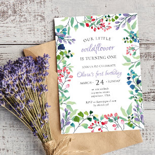 Wildflower watercolor floral first birthday invitation