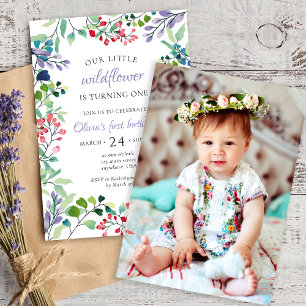 Wildflower watercolor floral Photo first birthday Invitation