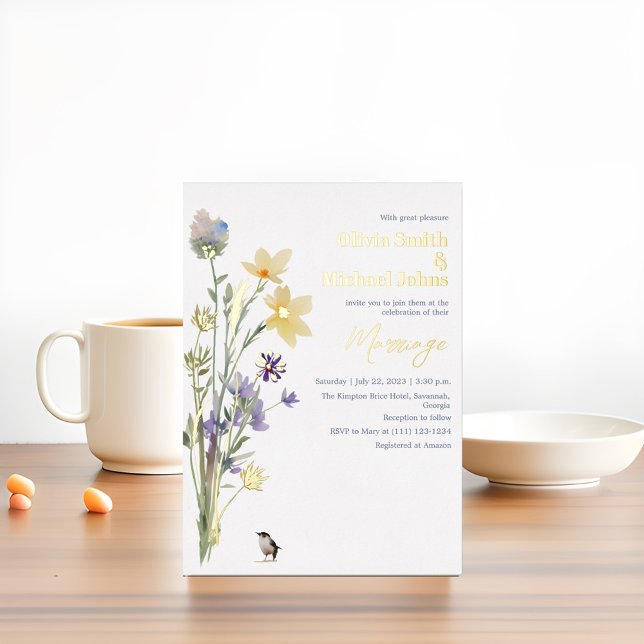 Wildflower Watercolor Gold Wedding Invitation (Creator Uploaded)