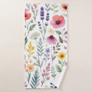 Wildflower Watercolor Meadow Botanical Floral Bath Towel