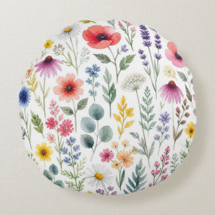 Wildflower Watercolor Meadow Botanical Floral Round Cushion