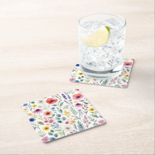 Wildflower Watercolor Meadow Botanical Floral Square Paper Coaster