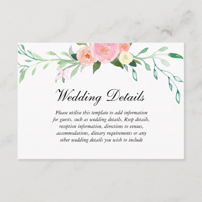 Wildflower Watercolor Wedding Reception Details Enclosure Card (Front)