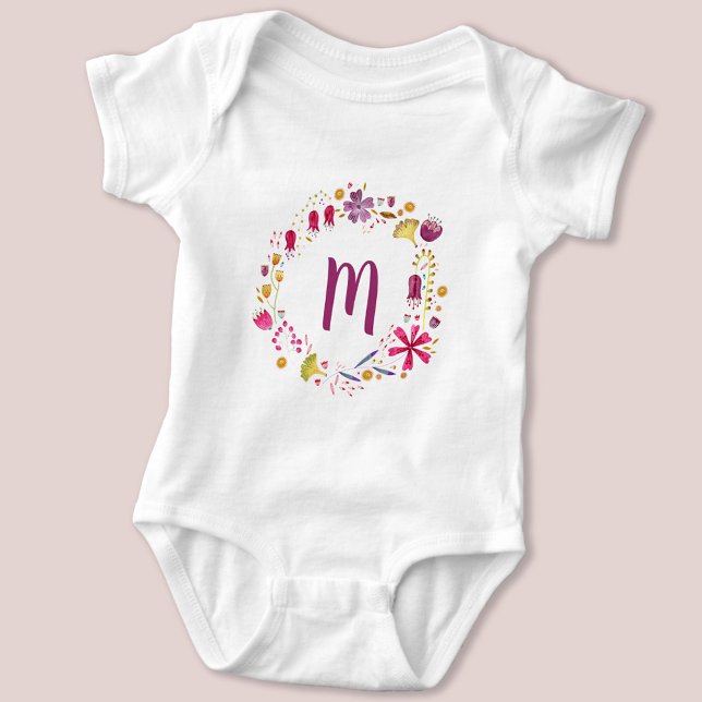 Wildflower Watercolor Wreath Monogram Initial Baby Bodysuit (Monogram initial personalized watercolor wildflower baby bodysuit)